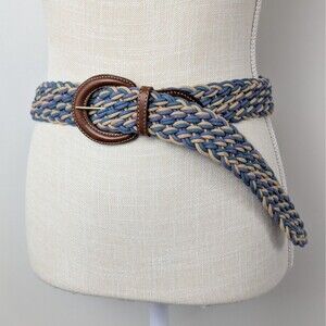 LL Bean Womens Belt XL Blue Gradient Braided Woven Cord Brown Leather Buckle